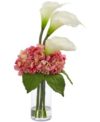 Nearly Natural - Calla Lily & Hydrangea Artificial Arrangement in Clear Vase