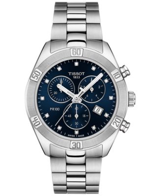 Tissot - Women's Swiss Chronograph T-Classic PR 100 Diamond (1/20 ct. t.w.) Gray Stainless Steel Bracelet Watch 38mm