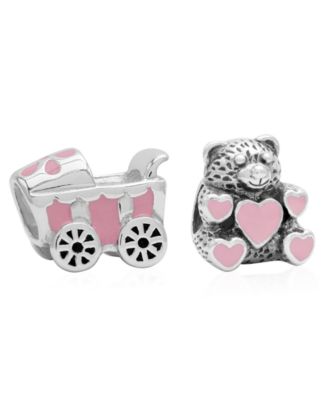Rhona Sutton - Children's Enamel Stroller Teddy Bear Bead Charms - Set of 2 in Sterling Silver