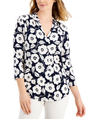Charter Club - Petite Pleat-Neck Printed Top, Created for Macy's