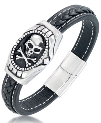 Andrew Charles by Andy Hilfiger - Men's Black Leather Skull Bracelet in Stainless Steel
