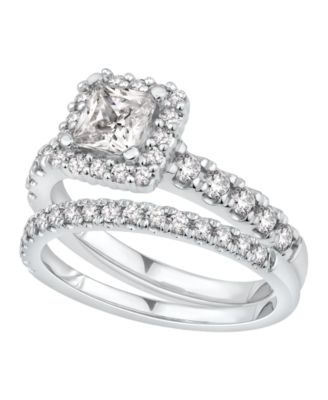 GIA Certified Diamonds - GIA Certified Diamond Princess Halo Bridal Set (1 1/2 ct. t.w.) in 14K White Gold