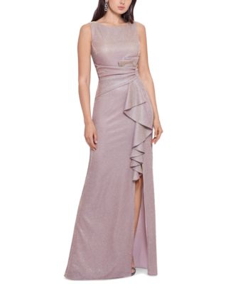 Betsy & Adam - Ruffled-Front Glitter Gown