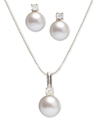 Macy's Brand - 2-Pc. Set Cultured Freshwater Pearl (7-1/2 & 8-1/2mm) & Cubic Zirconia Pendant Necklace & Matching Stud Earrings in Sterling Silver