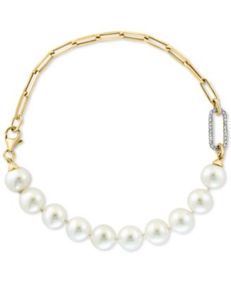 EFFY Collection - Cultured Freshwater Pearl (7-1/2mm) & Diamond (1/10 ct. t.w.) Paperclip Bracelet in 14k Gold