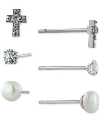 Giani Bernini - 3-Pc. Cubic Zirconia & Cultured Freshwater Pearl (4mm) Stud Earrings in Sterling Silver
