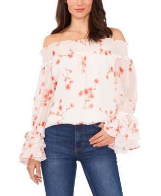 CeCe - Floral-Print Smocked Off-The-Shoulder Top