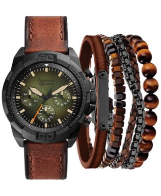 American Exchange - Men's Cognac Faux-Leather Strap Watch 51mm Gift Set