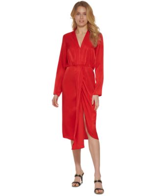 DKNY - Women's Faux-Wrap Long-Sleeve Satin Dress