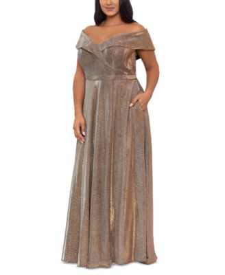 XSCAPE - Plus Size Draped Off-The-Shoulder Metallic Gown