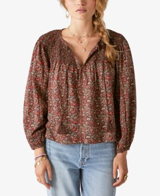 Lucky Brand - Women's Printed Smocked Peasant Blouse