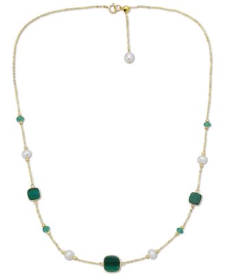 EFFY Collection - Freshwater Pearl (4-1/2mm), Malachite, & Emerald (1/2 ct. t.w.) 17" Collar Necklace in 14k Gold