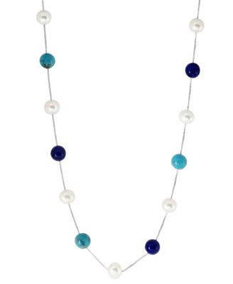 EFFY Collection - Freshwater Pearl (8mm), Lapis Lazuli, & Turquoise Bead 18" Collar Necklace in Sterling Silver