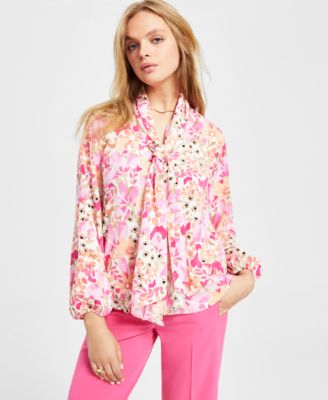 Bar III - Women's Floral-Print Tie-Neck Blouse, Created for Macy's