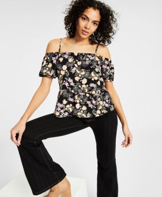 Hippie Rose - Juniors' Elasticized Short-Sleeve Cold-Shoulder Top