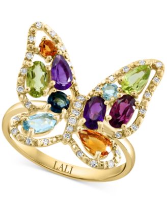 LALI Jewels - Multi-Gemstone (1-3/4 ct. t.w.) & Diamond (1/8 ct. t.w.) Butterfly Ring in 14k Gold