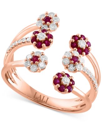 LALI Jewels - Ruby (1/2 ct. t.w.) & Diamond (3/8 ct. t.w.) Three Row Flower Cuff Ring in 14k Rose Gold