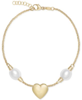 Macy's Brand - Cultured Freshwater Pearl (7 1/4 x 8mm) Heart Link Bracelet in 14k Gold-Plated Sterling Silver