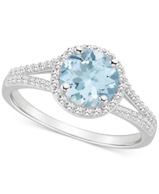 Macy's Brand - Aquamarine (1-1/4 ct. t.w.) & Diamond (1/4 ct. t.w.) Halo Split Shank Ring in Sterling Silver