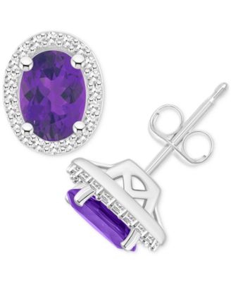 Macy's - Amethyst (1-5/8 ct. t.w.) & Diamond (1/5 ct. t.w.) Halo Stud Earrings in Sterling Silver (Also in Citrine, Garnet, Peridot, & Blue Topaz)