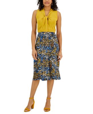Kasper - Women's Sleeveless Knot-Neck Top & Printed Dot Midi Skirt