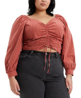 Levi's - Trendy Plus Size Devin Cotton Plaid Ruched Balloon-Sleeve Top