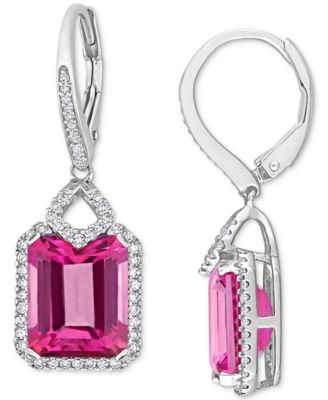 Macy's - Pink Topaz (11-1/6 ct. t.w.) & Diamond (1/2 ct. t.w.) Leverback Drop Earrings in Sterling Silver