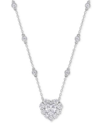 Macy's Brand - Moissanite Heart Halo Pendant Necklace (2 ct. t.w.) in Sterling Silver, 18" + 2" extender