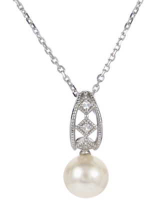 Macy's Brand - Cultured Freshwater Pearl (8mm) & Lab-Created White Sapphire (1/20 ct. t.w.) 18" Pendant Necklace in Sterling Silver