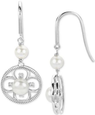 Macy's - Cultured Freshwater Pearl (4-6mm) & Lab-Created White Sapphire (1/10 ct. t.w.) Flower Drop Earrings in Sterling Silver