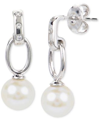 Macy's Brand - Cultured Freshwater Pearl (6-1/2mm) & Lab-Created White Sapphire Accent Drop Earrings in Sterling Silver