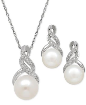 Macy's Brand - Cultured Freshwater Pearl (8 & 9mm) and Diamond Accent Pendant Necklace and Matching Stud Earrings Set in Sterling Silver or 14k Gold Over Silver