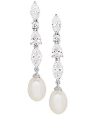Arabella - Cultured Freshwater Pearl (9 x 7mm) & Cubic Zirconia Drop Earrings in Sterling Silver