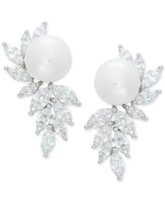 Arabella - Cultured Freshwater Pearl (10mm) & Cubic Zirconia Drop Earrings in Sterling Silver