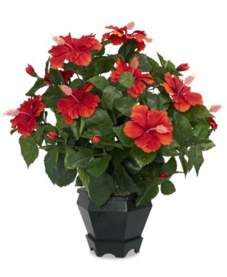 Nearly Natural - Hibiscus Artificial Plant in Black Hexagon Vase
