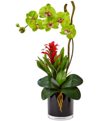 Nearly Natural - Orchid & Bromeliad Artificial Arrangement in Glossy Black Cylinder Vase