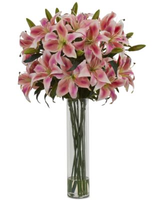 Nearly Natural - Rubrum Lily Artificial Arrangement in Cylinder Vase