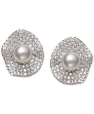 Macy's - Cultured Freshwater Pearl (6mm) & Cubic Zirconia Button Stud Earrings in Sterling Silver
