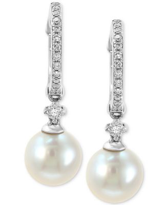 EFFY Collection - Cultured Freshwater Pearl (7mm) & Diamond (1/6 ct. t.w.) Hoop Drop Earrings in 14k White Gold