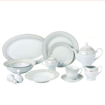 Lorren Home Trends - 57 Piece Silver Border Porcelain Dinnerware Set-Service for 8-Carlotta-Mix and Match