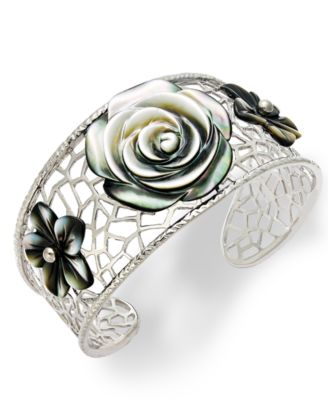 Macy's - Sterling Silver Cuff Bracelet, Cultured Tahitian Mother of Pearl Flower Bangle