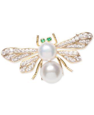 Macy's Brand - Cultured Freshwater Pearl (8 & 9mm) & Cubic Zirconia Bee Pin in Sterling Silver & 18k Gold-Plate