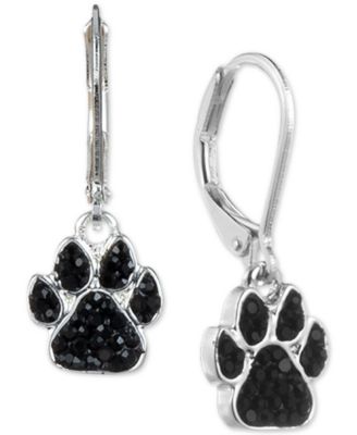 Pet Friends Jewelry - Silver-Tone Black Pav&eacute; Paw Drop Earrings