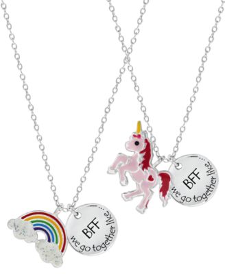 Rhona Sutton - Children's Sterling Silver Rainbow Unicorn Best Friends 2-Piece Necklace Set