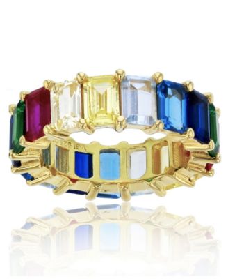 Macy's Brand - Rainbow Colored  Emerald Cut Cubic Zirconia Eternity Band in 14k Yellow Gold Plated Sterling Silver