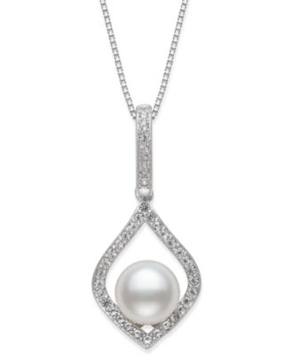 Belle de Mer - Cultured Freshwater Pearl (7mm) & Cubic Zirconia 18" Pendant Necklace in Sterling Silver