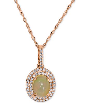 Macy's Brand - Opal (3/4 ct. t.w.) & Diamond (1/5 ct. t.w.) Oval Halo 18" Pendant Necklace in 14k Gold