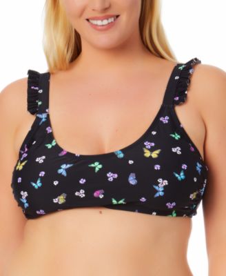 California Waves - Plus Size Butterfly-Print Ruffled Bikini Top