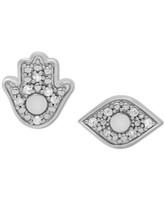 Macy's - Diamond Hamsa Hand & Evil Eye Mismatch Stud Earrings (1/10 ct. t.w.) in Sterling Silver