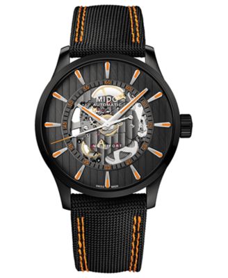 Mido - en's Swiss Automatic Multifort Skeleton Vertigo Black and Orange Fabric Strap Watch 42mm
